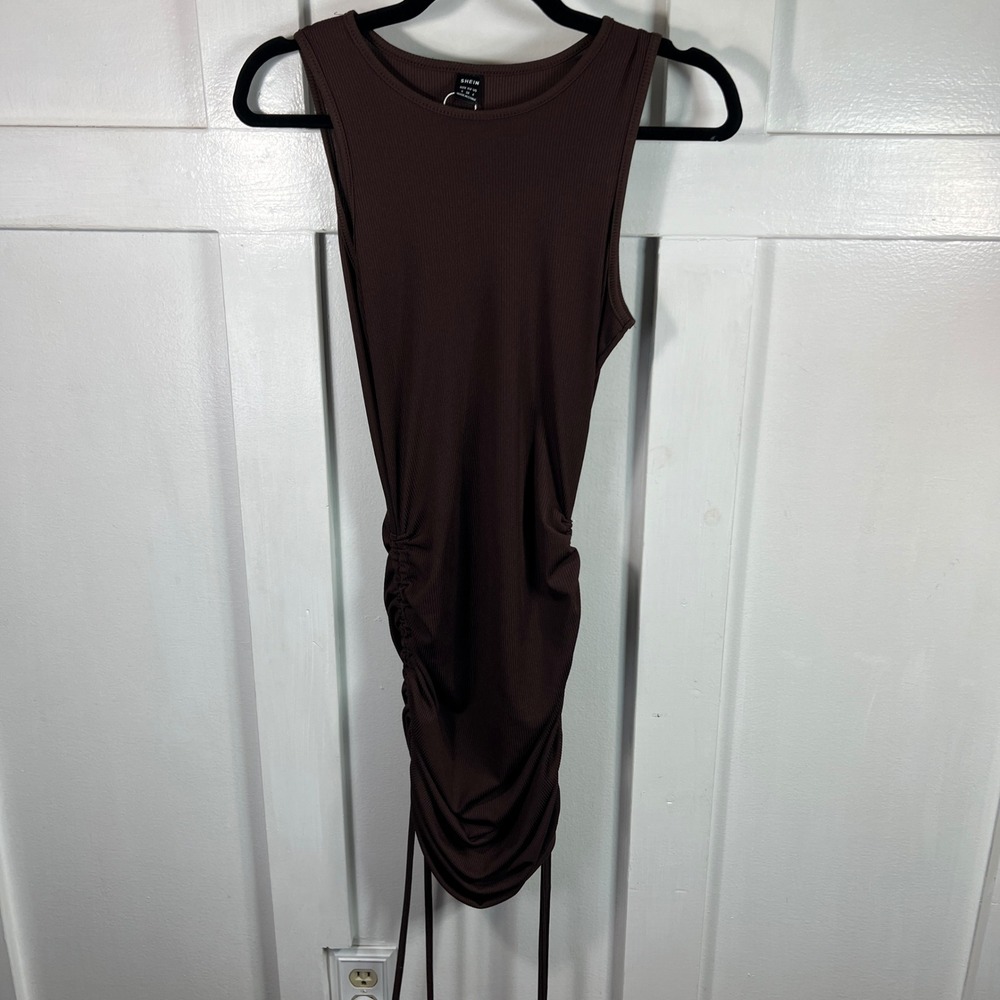 Chocolate Brown Ribbed Ruched Side Drawstring Bodycon Mini Dress Small